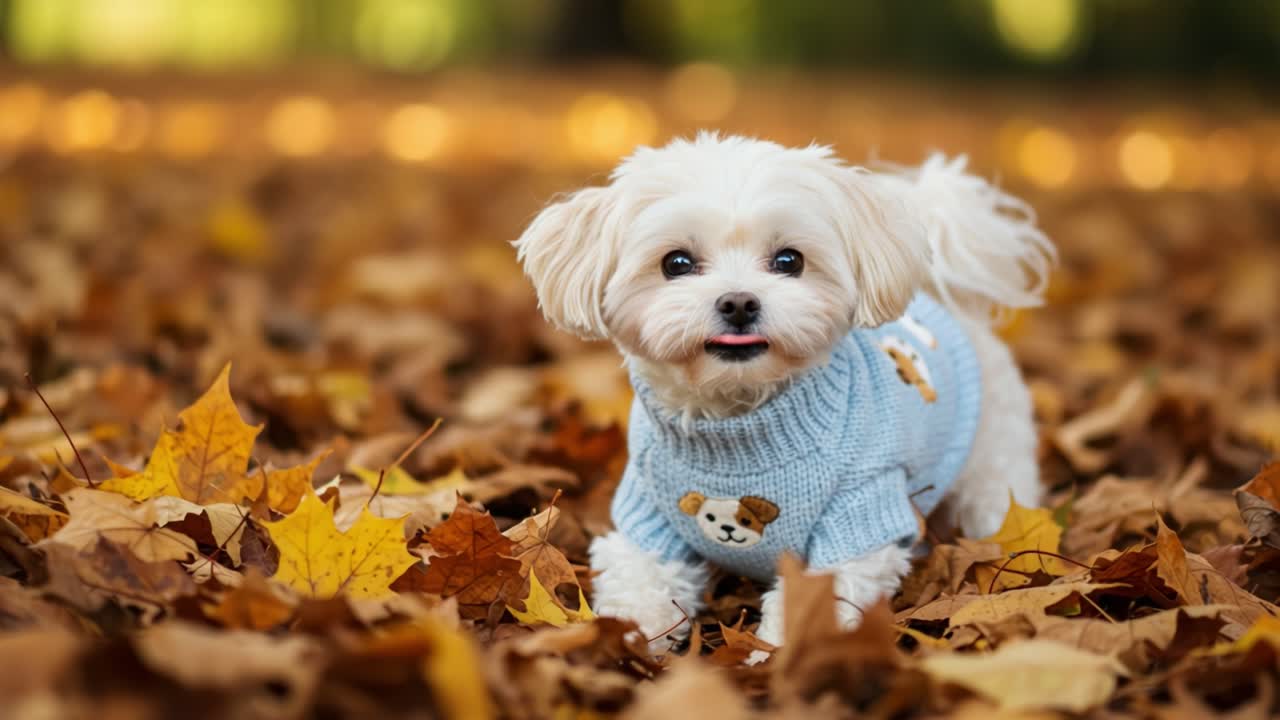 Adorable Small Dog in a Cozy Sweater Enjoying a Colorful Autumn Day Among Fallen Leaves, Displaying Pure Joy and Playfulness in Nature's Beautiful Setting