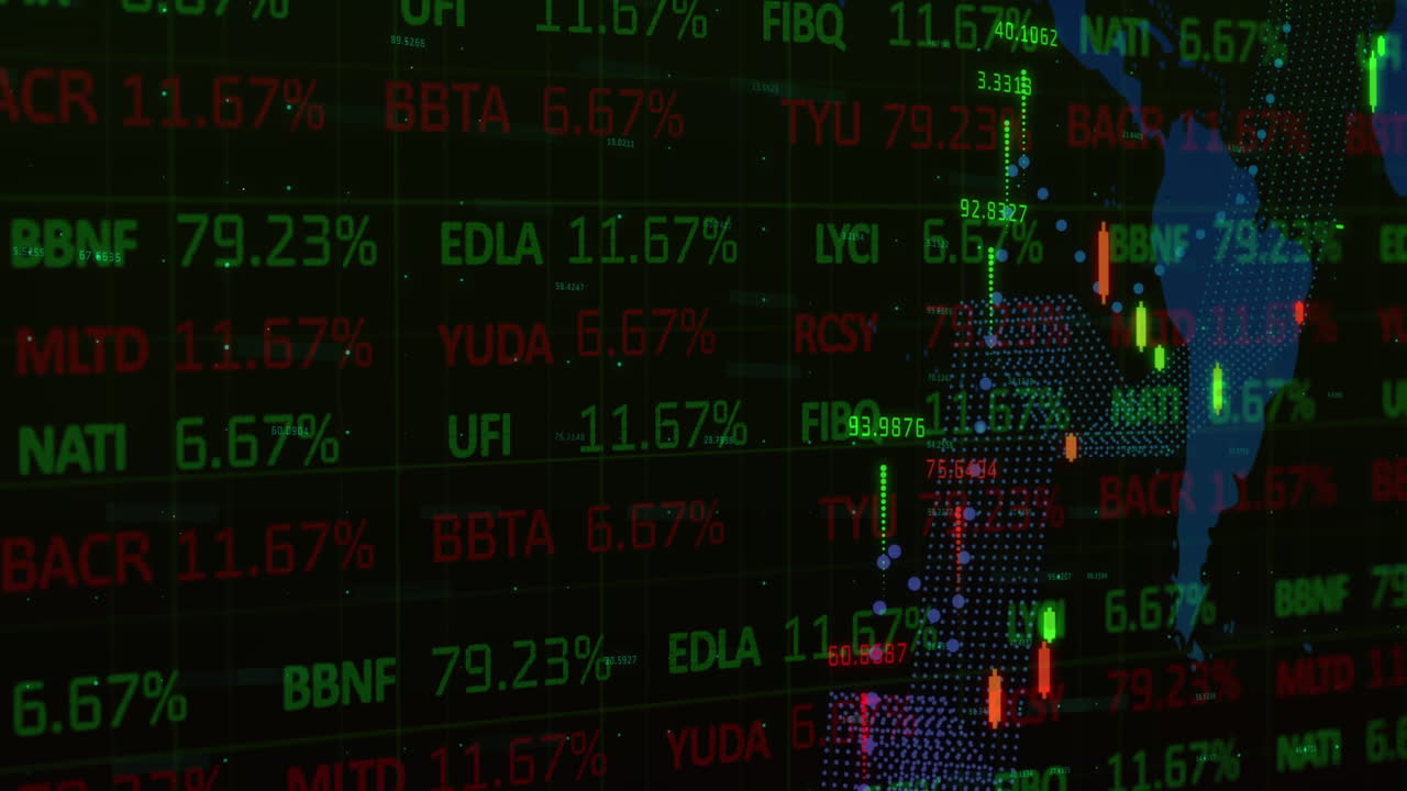 animación de estadísticas y números, procesamiento de datos financieros sobre el mapa del mundo