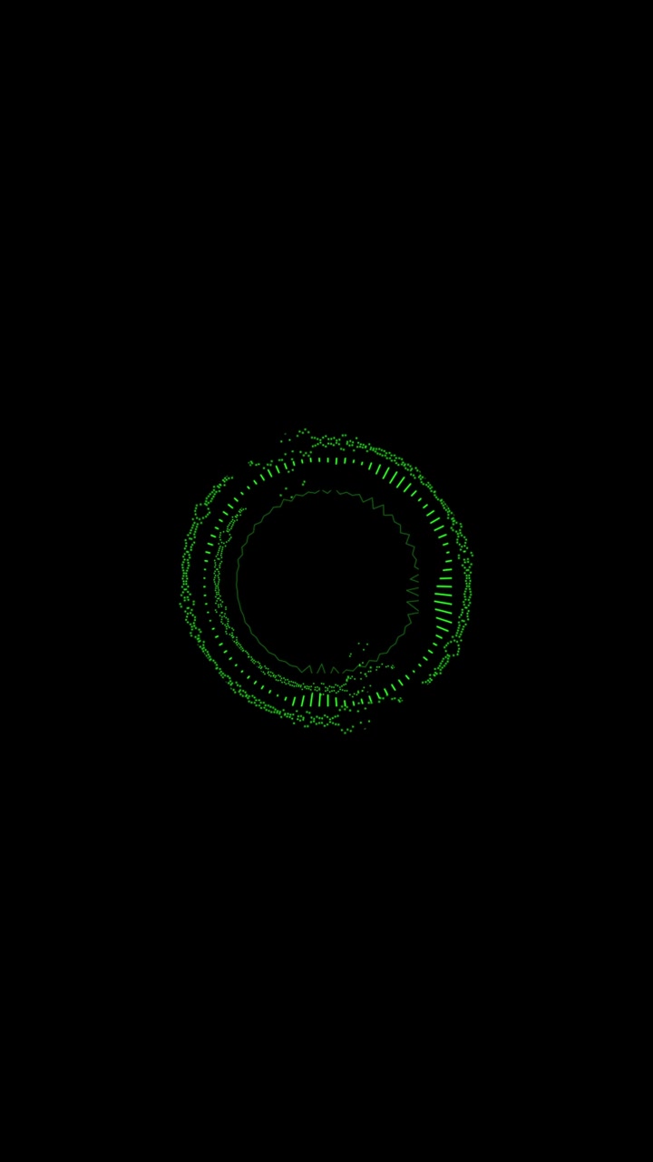 Abstract green circular form with pulsating lines and dots on a black background. Represents audio equalizer, sound wave, or futuristic interface. Seamless loop, vertical format