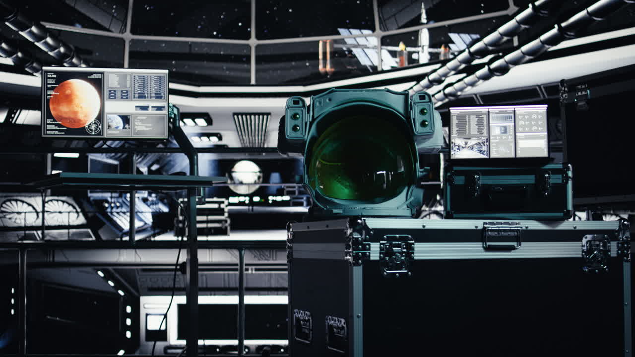 Astronaut helmet next to laptop in starship showing performance metrics