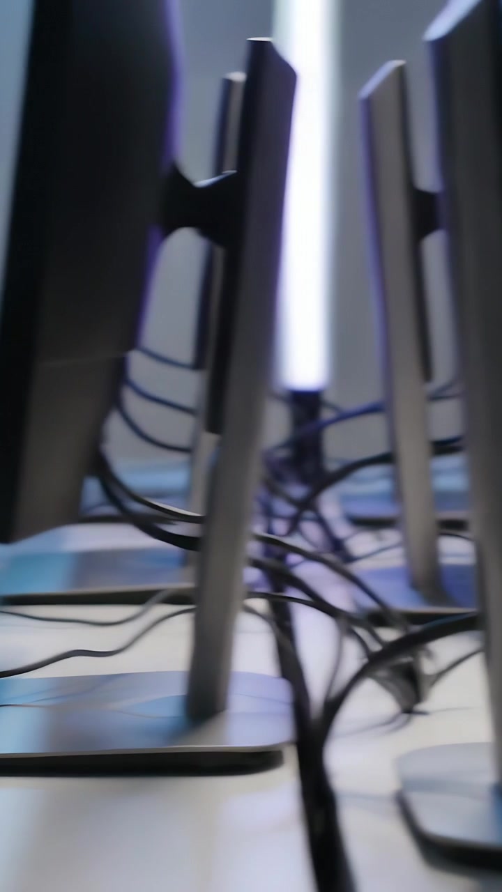 Vertical video: Panning camera showing team typing for game at lab, with keyboards, green sweater