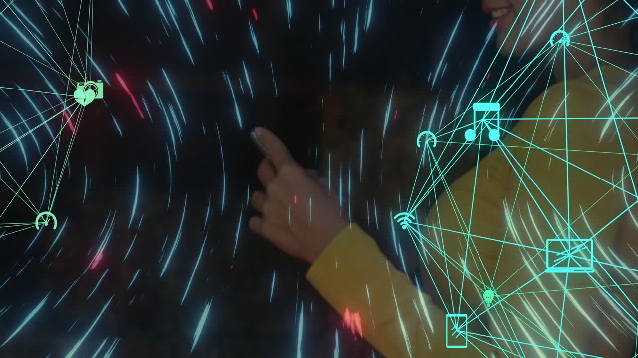 woman reaching into dark tech interface, controlling glowing network with smartphone Wi?Fi icons