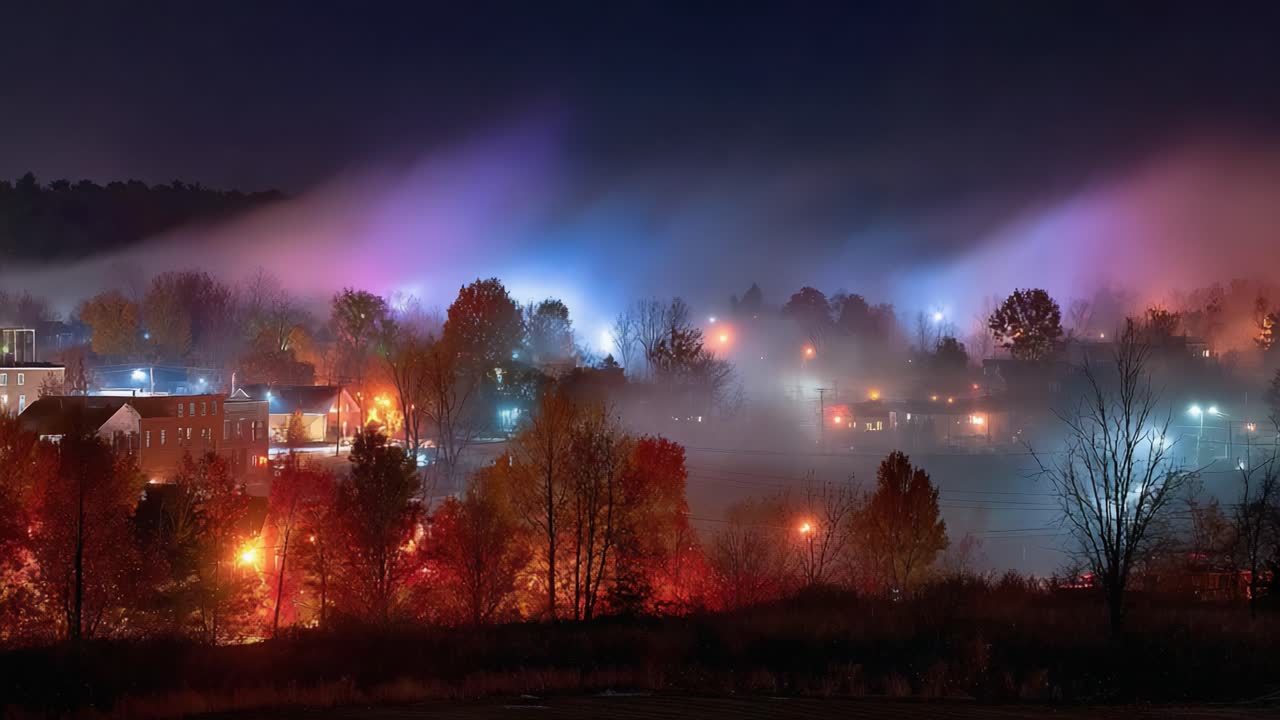 A Serene Nightscape Illuminated by Distant City Lights and Mist, Showcasing the Magical Atmosphere of Fog-Covered Urban Surroundings