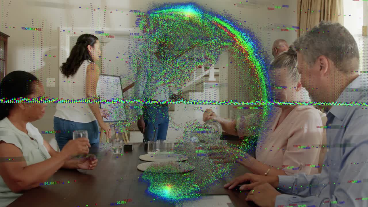 Mand indleder forretningssnak for bordenden, kvinde hælder vand op, gruppe samles mens glitch