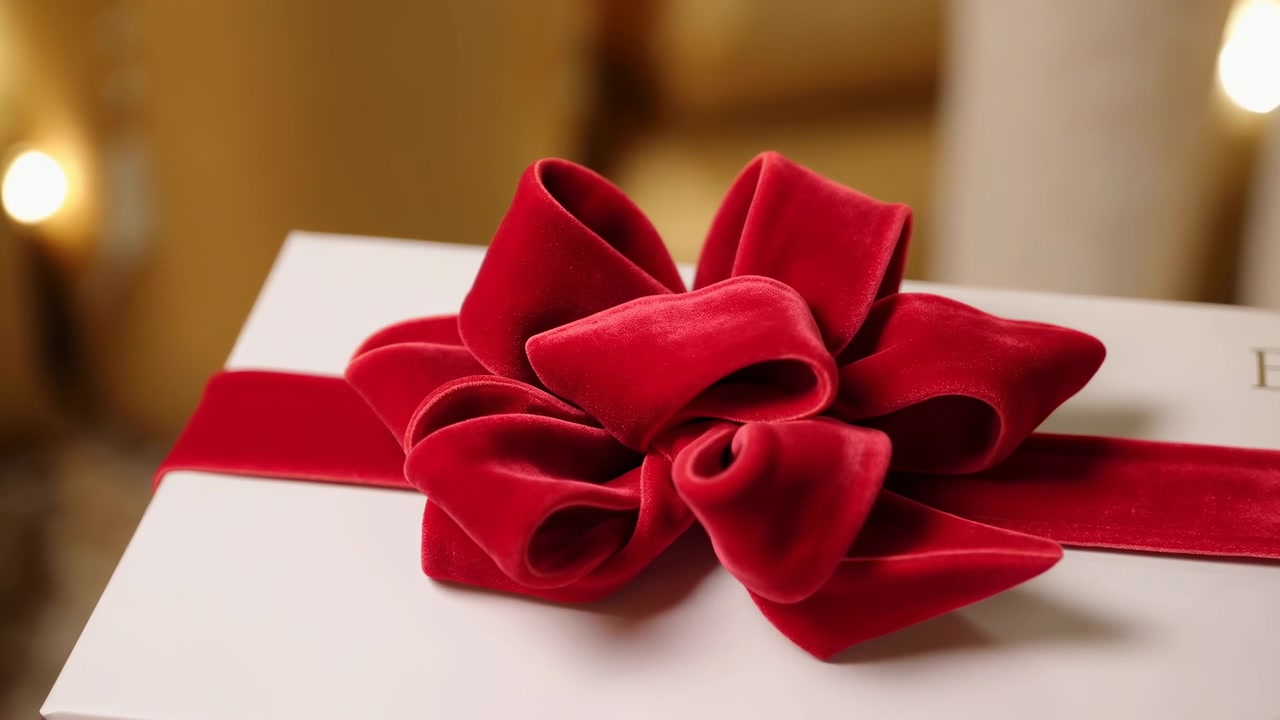 White gift box topped with oversized red velvet bow and matching horizontal ribbon, presented in warm indoor light with soft background blur, elegant festive packaging detail, with gift, bow, ribbon