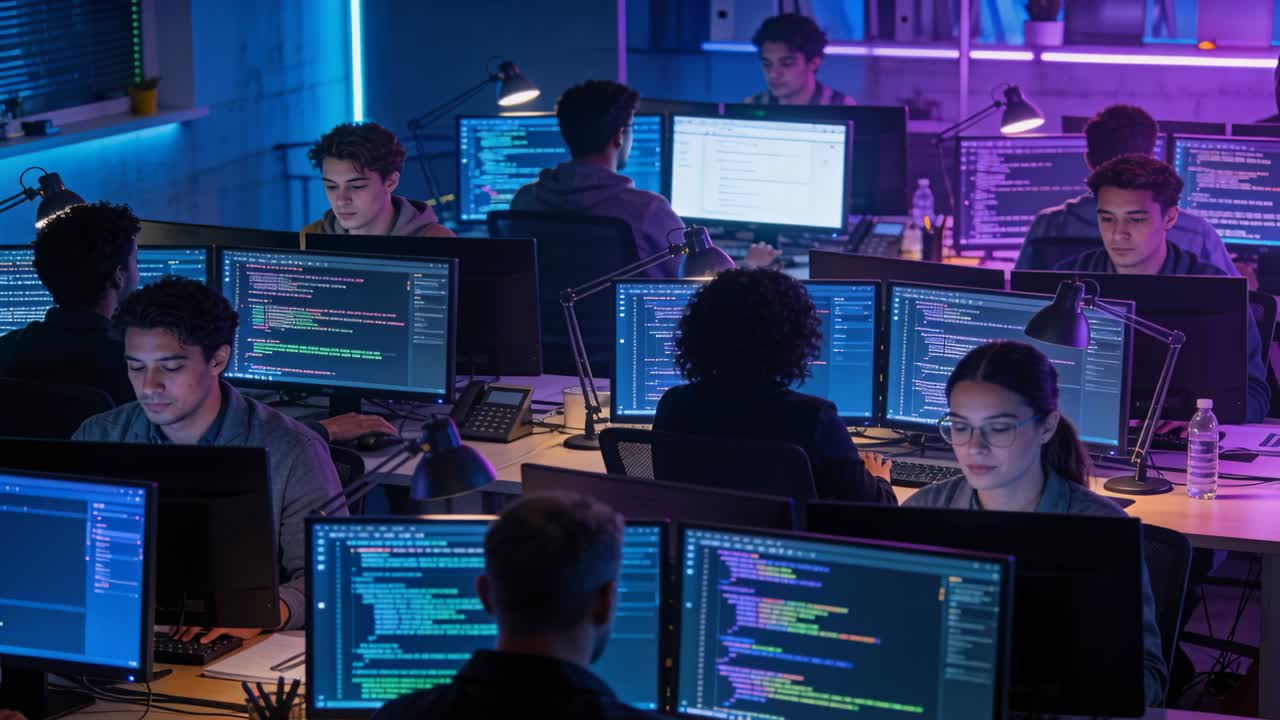 Typing programmers in hoodies coding on monitors at dev office during camera pan with LED lights