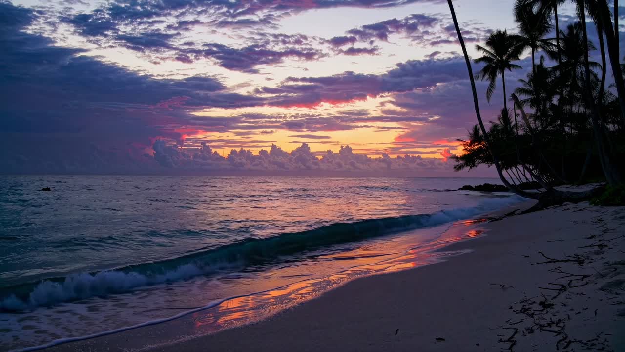 A serene beach sunset video captured at eye level, showcasing vibrant skies and gentle waves, framed