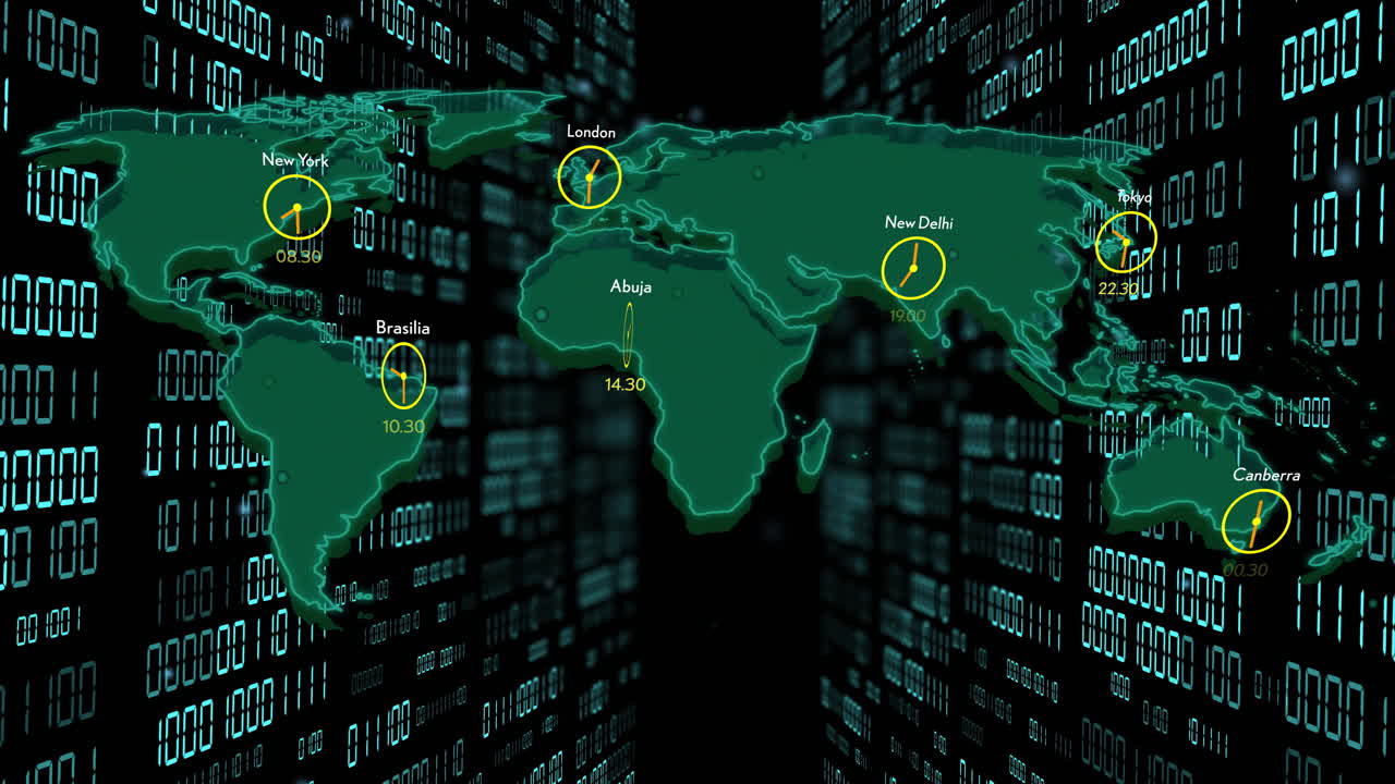 mapa del mundo con animación de horas de la ciudad sobre fondo de código binario