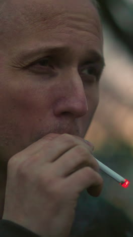 un hombre con una chaqueta verde enciende un cigarrillo al aire libre al anochecer, su cara iluminada por el resplandor rojo de la llama, con un fondo borroso de árboles