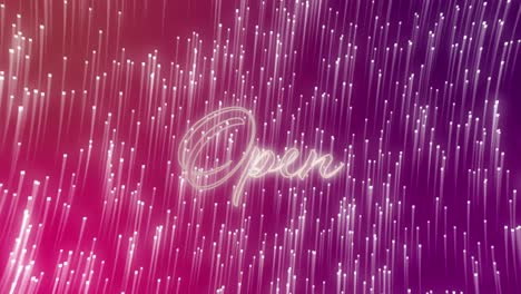 Animation-of-text,-open,-in-white-neon,-with-light-trails-on-pink-background