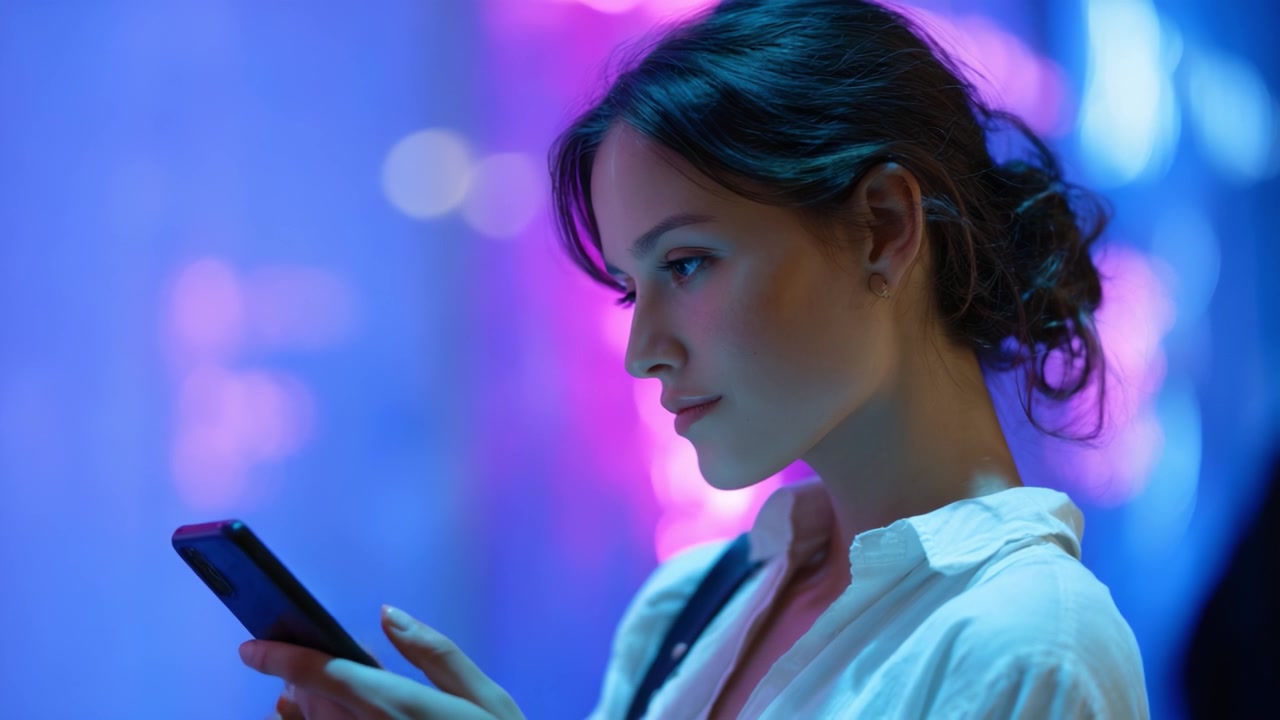 A Young Woman Engaged with Her Smartphone in a Vividly Colored Environment, Radiating Focus and Curiosity Under Soft Neon Lighting