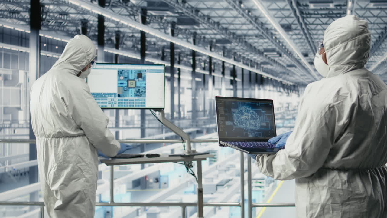 Hardware designers in microchip smart factory use laptop to analyze readouts