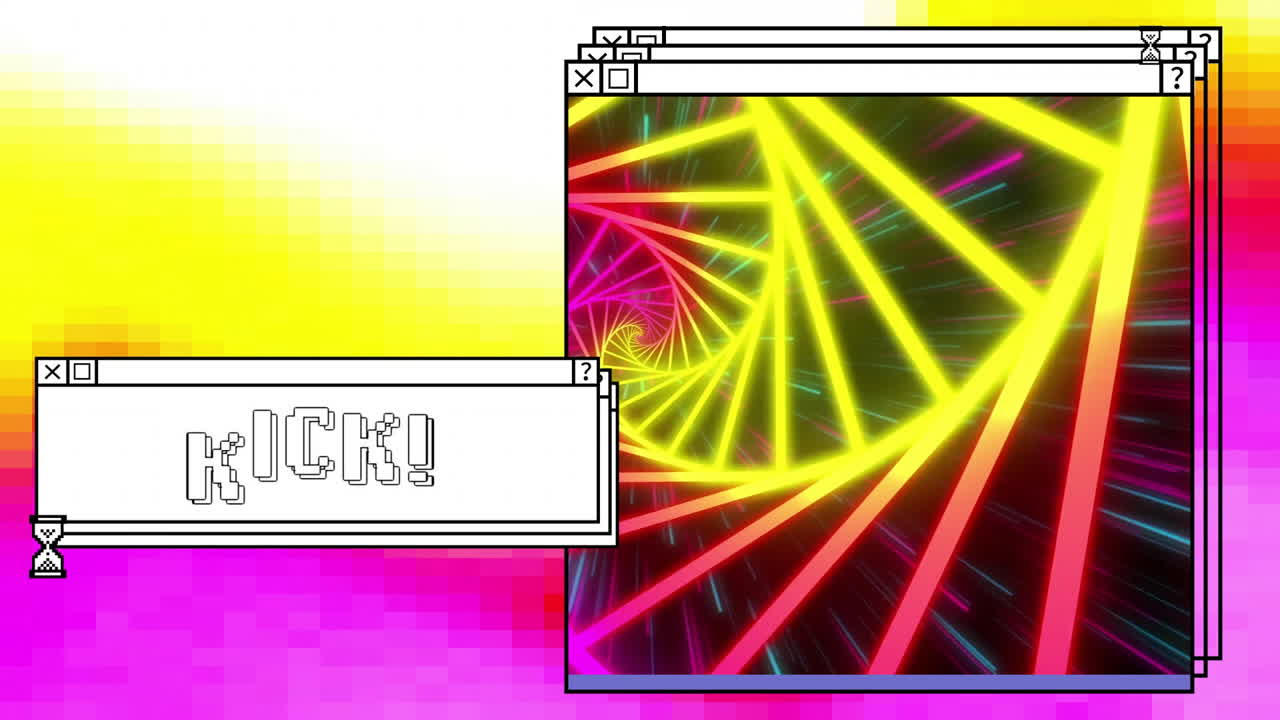 Animation of digital interface with kick text and colourful shapes on colourful background