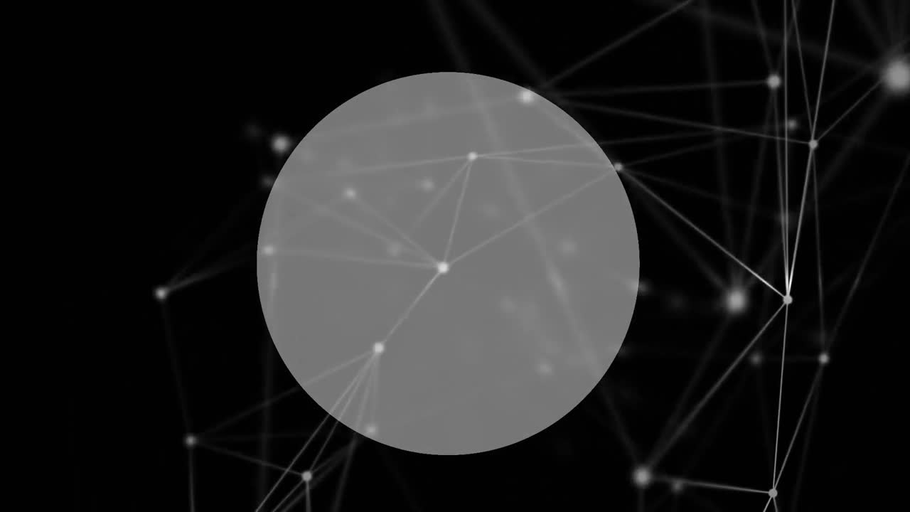 Digital animation of network of connections over round banner with copy space on black background