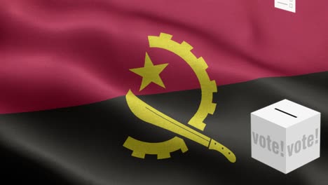 las papeletas de votación vuelan a la caja para la selección de angola - caja de votación frente a la bandera - elección - voto - bandera de angola - bandeja de angola de alto detalle - bandera nacional patrón de ondas de angola elementos en bucle - textura de tela y bucle sin fin