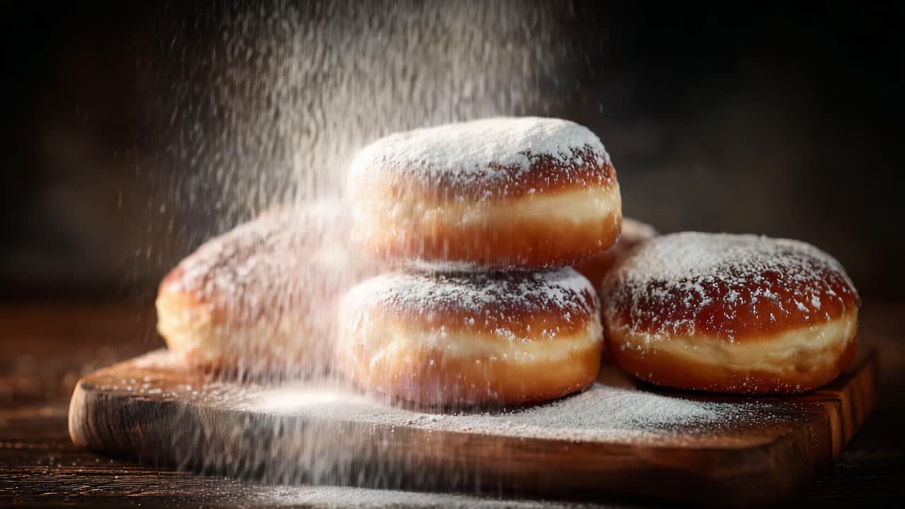 Ein köstlicher Stapel Puderzucker-Donuts auf einem Holzbrett, in wunderschönem Licht eingefangen, der ihre weiche Textur und süße Beschichtung hervorhebt