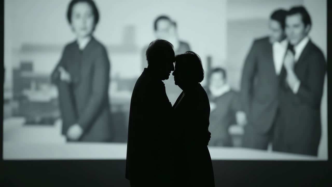 Silhouette of Couple in Front of Projection Screen