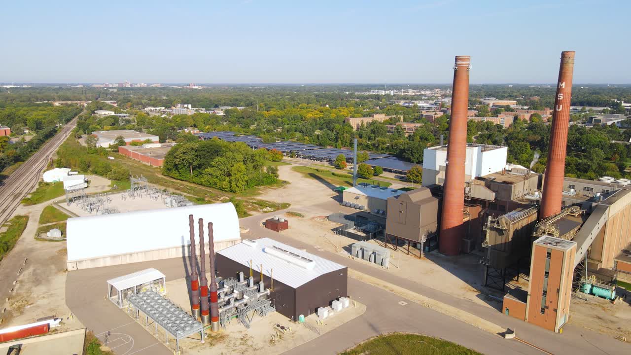T. B. Simmons power plant near Michigan State University, aerial drone view