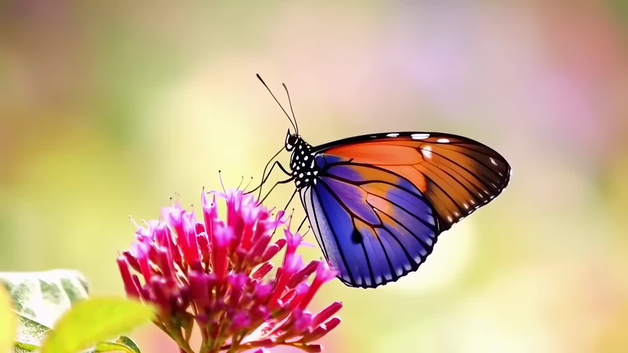 Video ravvicinato di una farfalla vivace su un fiore, catturato da un'angolazione laterale.