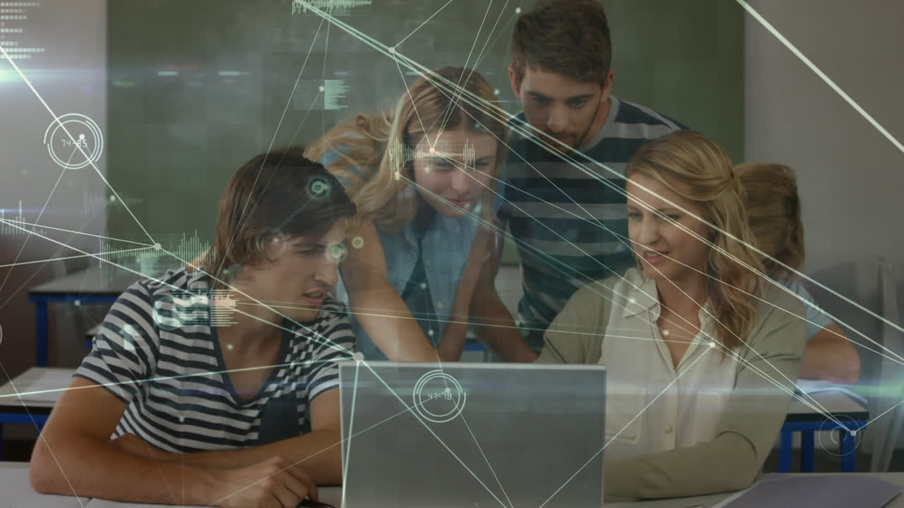 animación de estudiantes sentados y de pie junto a un escritorio sobre una red de conexiones en el fondo.