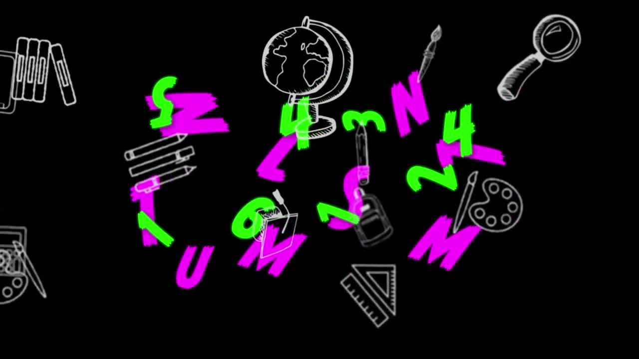 Animation of changing green numbers and pink letters and moving school items on black background