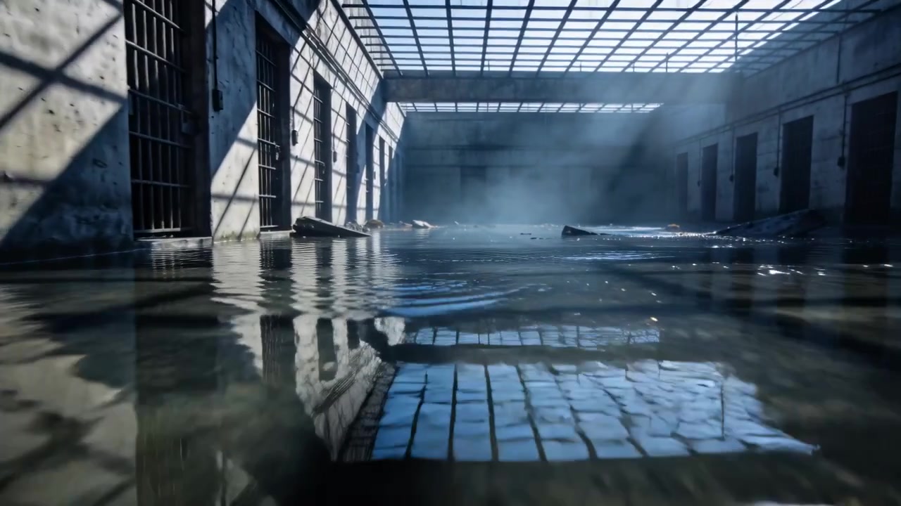Câmera começando a avançar por um salão inundado, mostrando reflexos da grade do claraboia e ondulações.