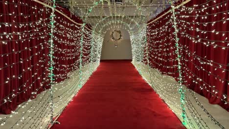 hallway entrance decorated for christmas with thousands of lights