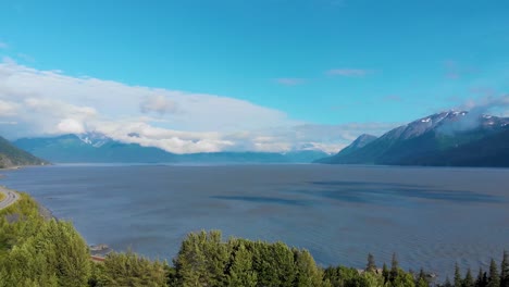4K-Drone-Video-of-Turnagain-Arm-off-Cook-Inlet-Near-Anchorge,-Alaska-in-Summer