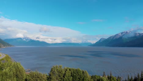 4k drone video of turnagain arm off cook inlet near anchorge, alaska in summer