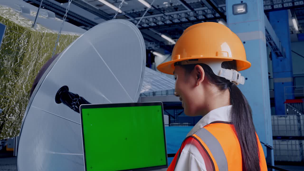 산업 시설에서 노트북과 위성 접시를 사용하는 엔지니어