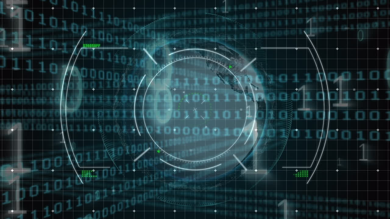 Animation of data processing and globe over scan scope on dark background