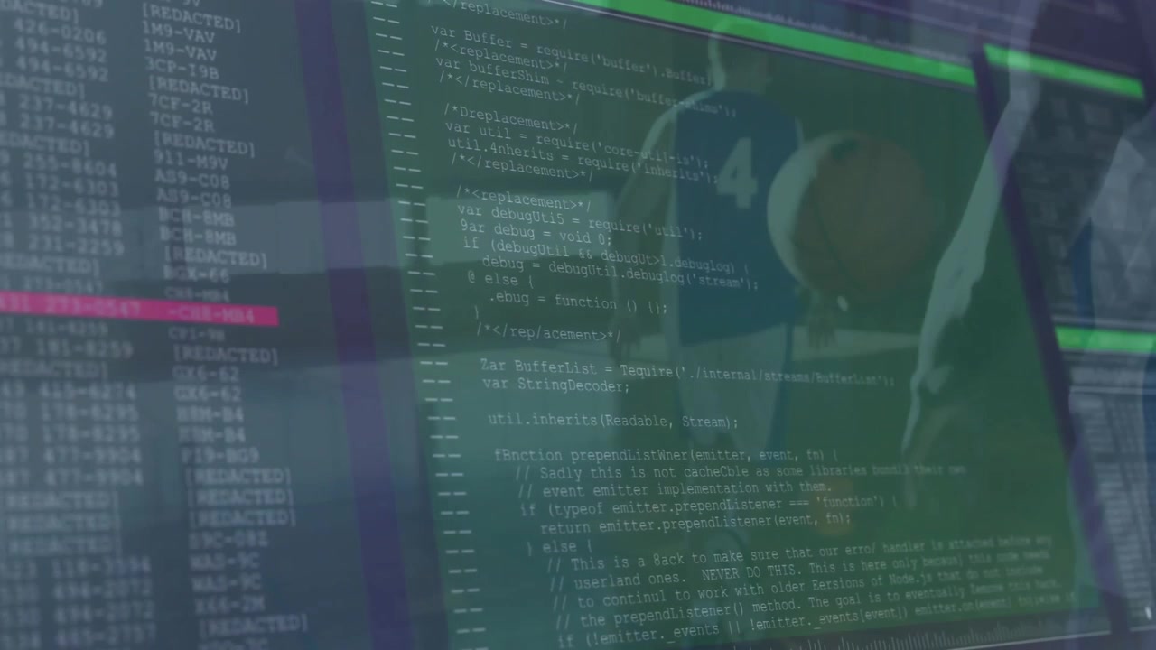 To teammedlemmer går i en korridor og starter et teknisk kodeoverlegg med rullende logger som fyller rammen.