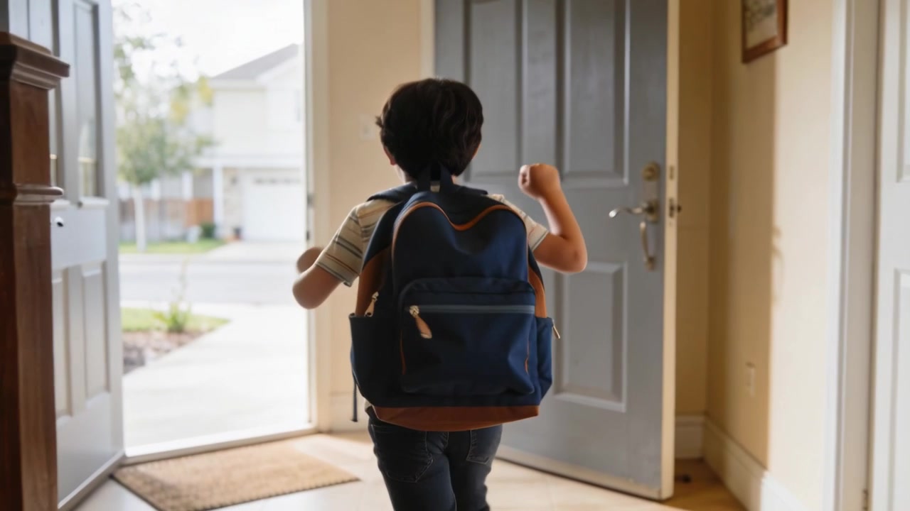 Smiling child in striped tee seeing open door, walking through foyer to school with navy backpack