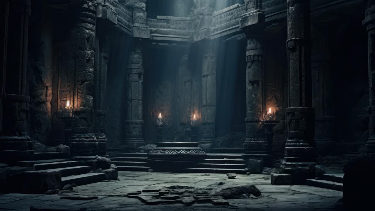 A mystical, ancient stone chamber with flickering torches, captured from a low-angle shot