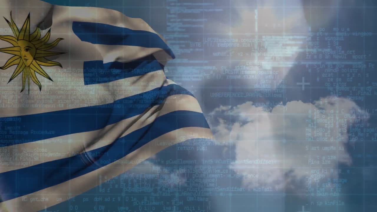 animación de procesamiento de datos y mujer caucásica sobre la bandera de uruguay