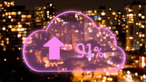 animación de la nube digital con un porcentaje que sube sobre el paisaje urbano