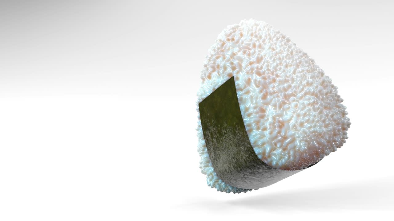 Onigiri rice ball wrapped in Nori seaweed on white text space. Loop able 3D animation.