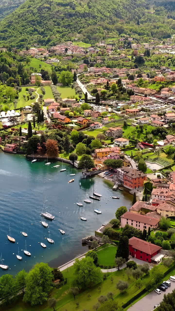 Aerial drone view of the village Bellagio near Lake Como, Italy. Vertical