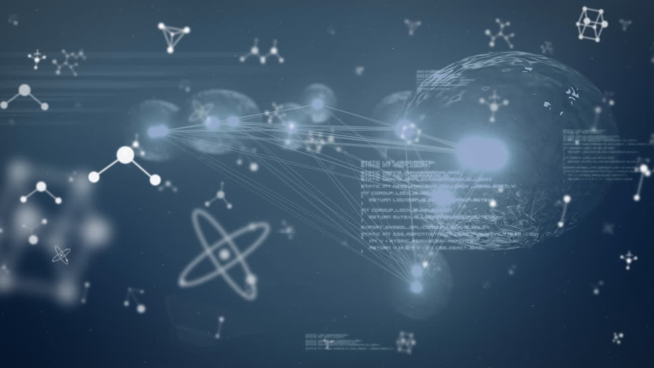 뉴클레오티드의 애니메이션, 컴퓨터 언어 및 추상적인 배경에서 세포를 증식시키는 것