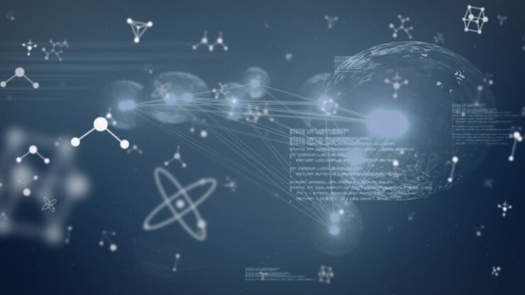 Animation of nucleotides, computer language and multiplying cells over abstract background