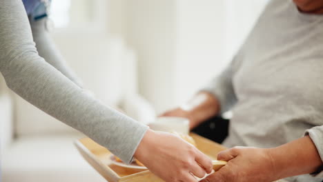 hands, breakfast and senior care with a nurse