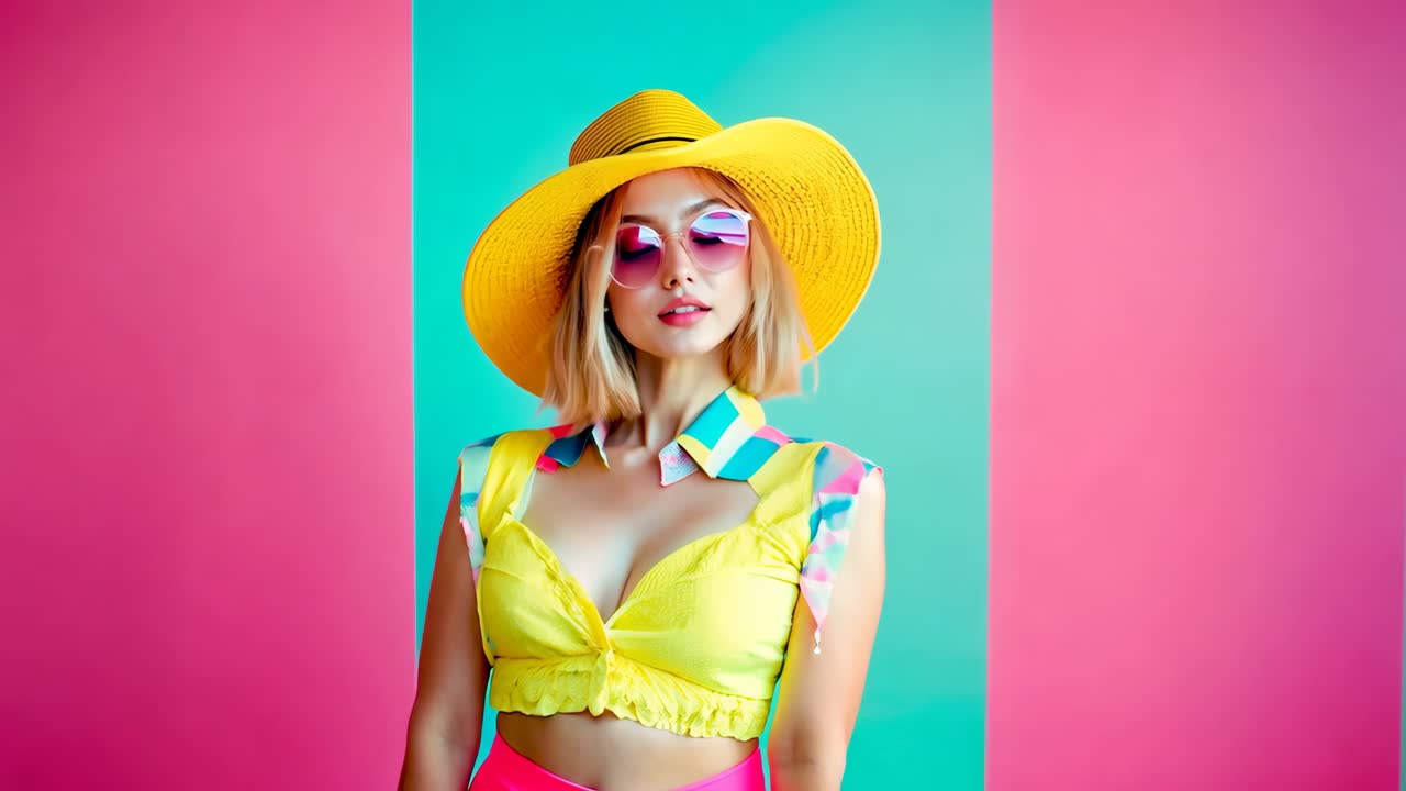 노란 모자와 선글라스를 입은 여자