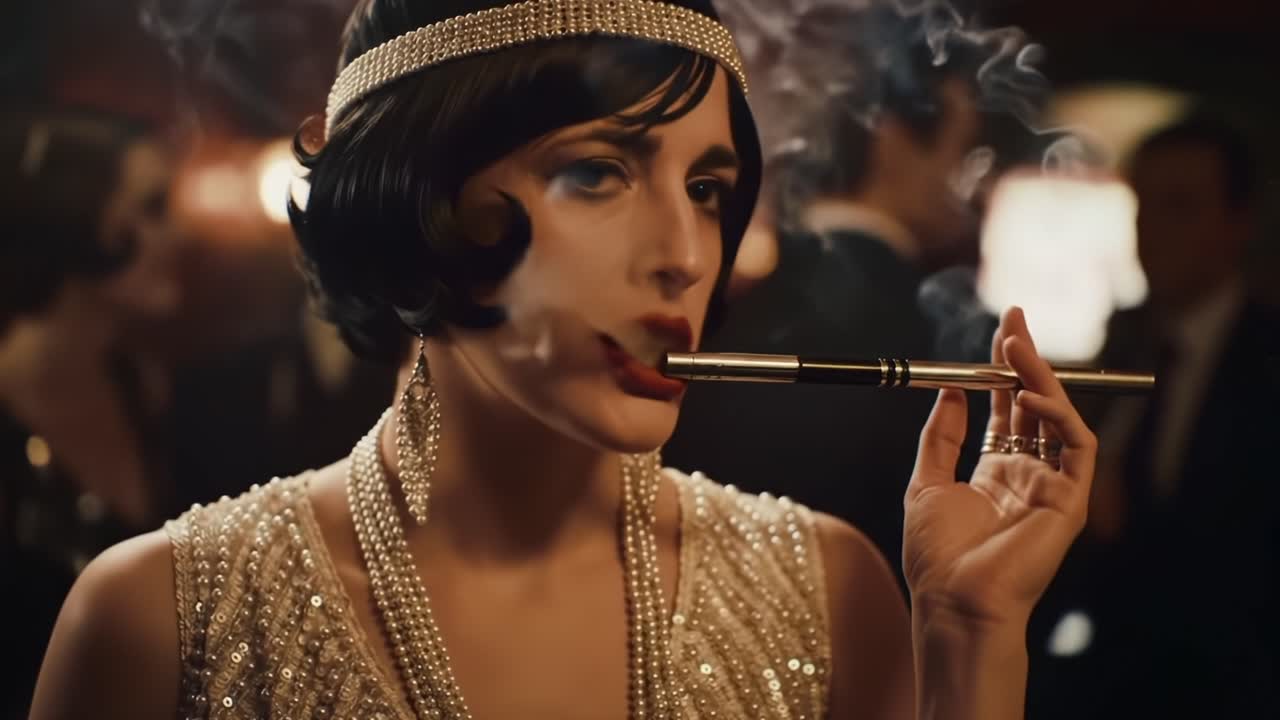 A Glamorous Woman in Vintage Fashion Seeks Sophistication and Elegance While Smoking a Cigarette Holder, Surrounded by an Enigmatic Atmosphere of the 1920s