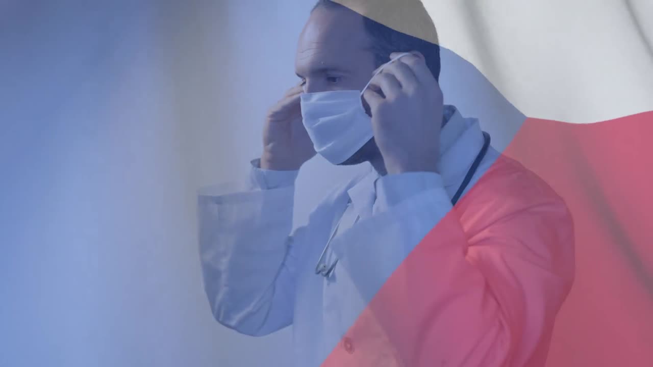 체코 공화국 은 얼굴 마스크 를 착용 한 남성 의사 에게 손 을 흔들고 있다