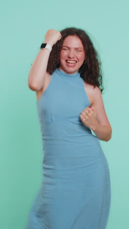 happy young woman celebrating success winning birthday lottery jackpot goal achievemen good news