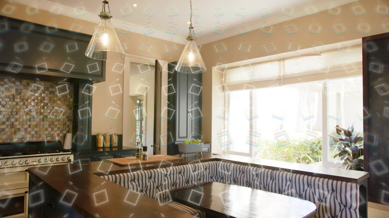 Drifting overlay starting cam tilting and pulling back, banquette and island revealing kitchen