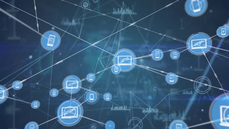 Animation-of-connected-icons-and-dots-with-graphs-against-binary-codes-in-background