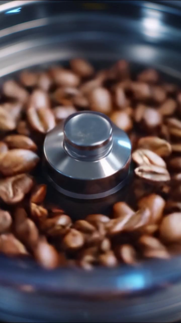 Primo piano di chicchi di caffè appena tostati in un macinacaffè, che evidenzia il ricco aroma e la consistenza, pronti per preparare deliziose bevande al caffè.