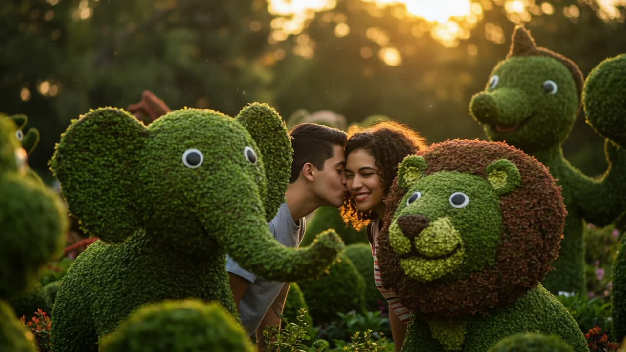 A Romantic Moment Amidst Lively Topiary Animals: A Couple Kisses Surrounded by Whimsical Elephant and Lion Sculptures in a Beautiful Garden at Sunset