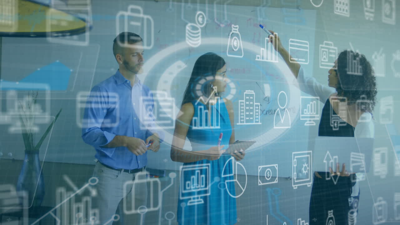 Discussing strategy, business team analyzing data with animation icons in office
